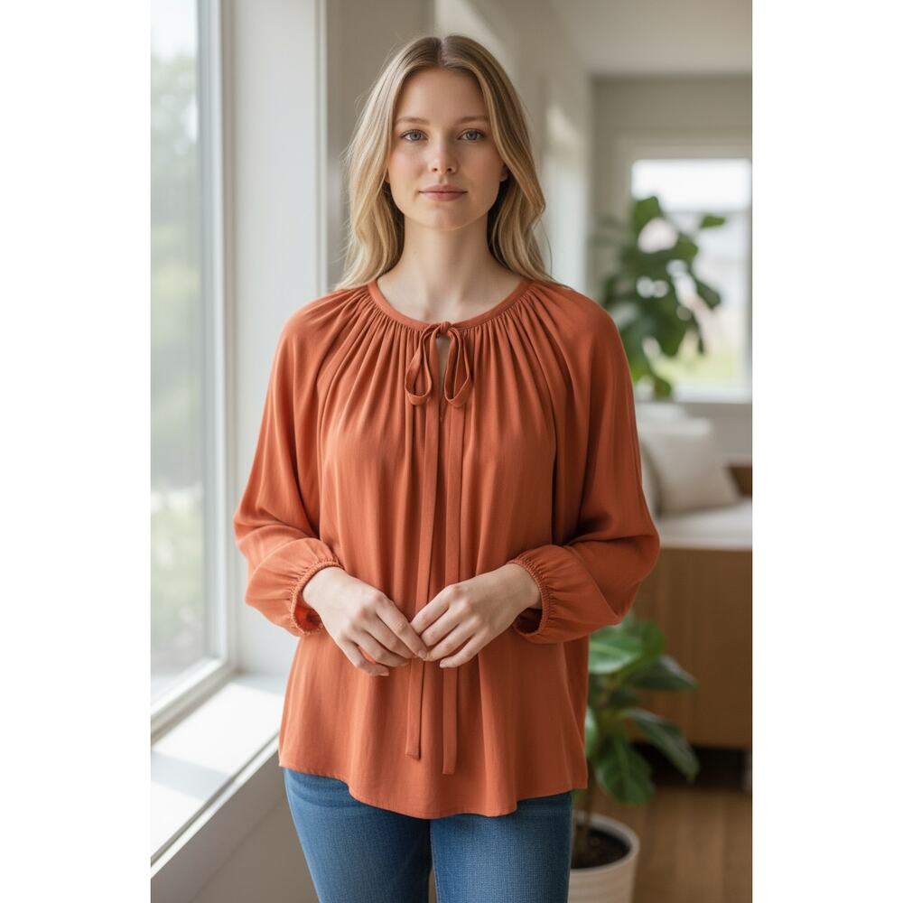 RAMY BROOK Top NEW Size XS Satin Paris Long Sleeve Top $345 Burnt Sienna Red